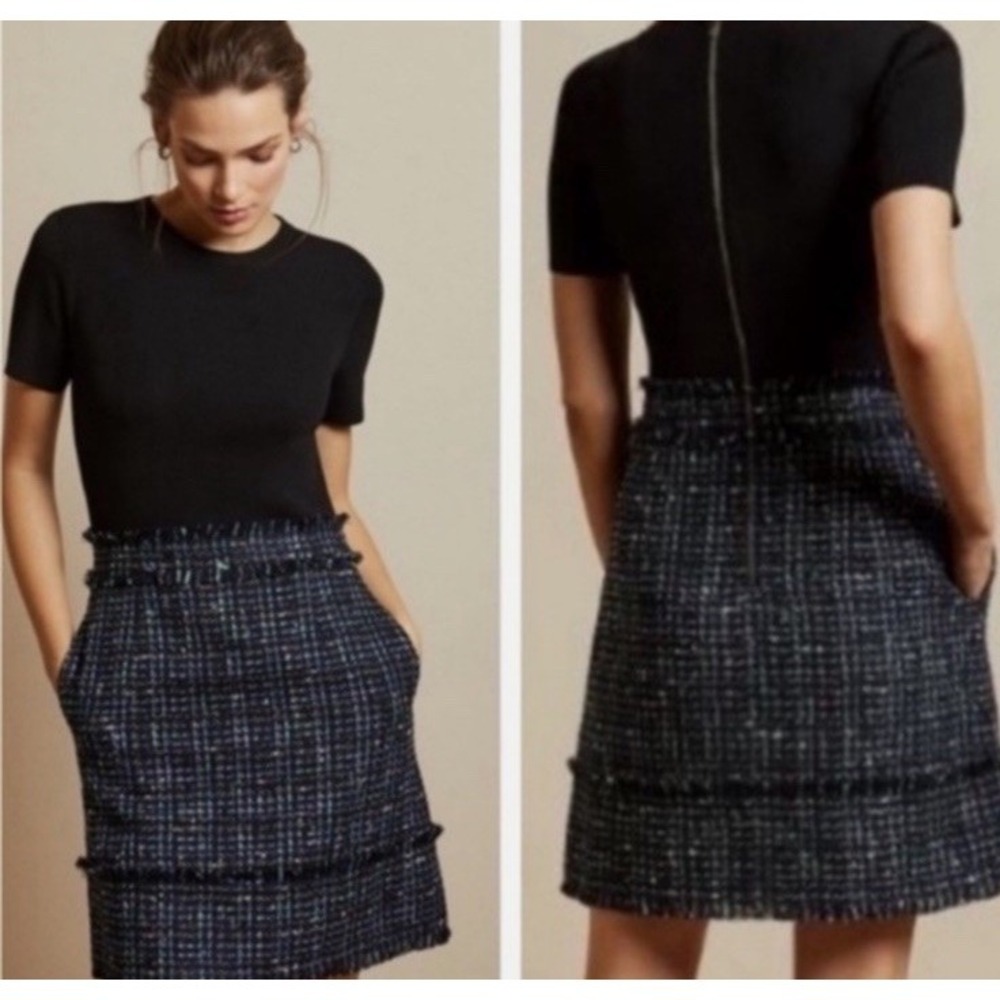 Ted Baker Dress 1 US 4 Womens London Metallic Boucle Tweed Black White Short